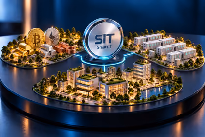 SmartIT-Token als Münze in der Mitte eines Modells mit Bitcoin, Ether, Gold- und Silberbarren, Energiespeichern und emissionsarmen Gebäuden